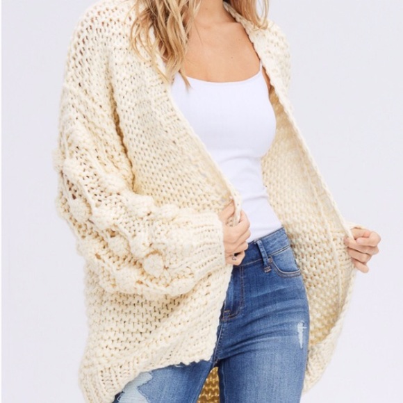 🆕Cream Bubble Sleeve Open Front Pom Pom Cardigan - Picture 3 of 8